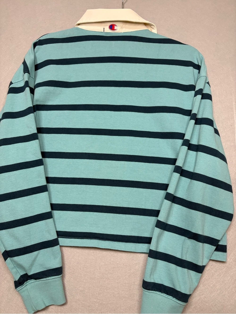 Champion Cropped Striped Rugby Top in Teal & Navy 100% cotton sz XL - Picture 9 of 9